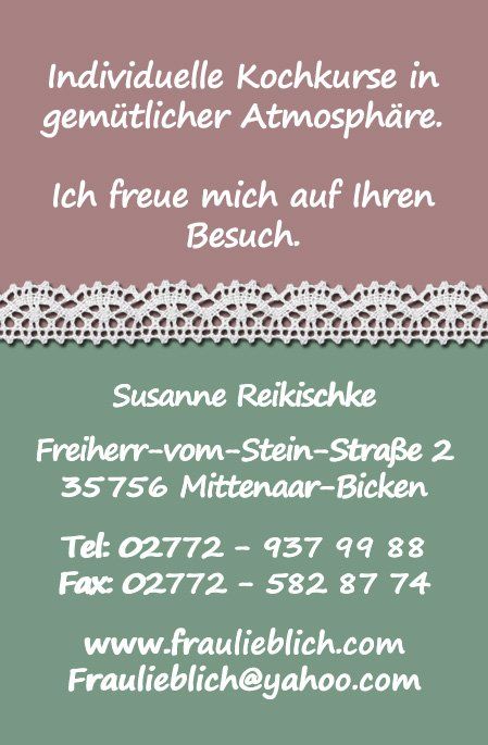 Das Bild zeigt die Rückseite der Visitenkarte von Frau Lieblich kocht... .