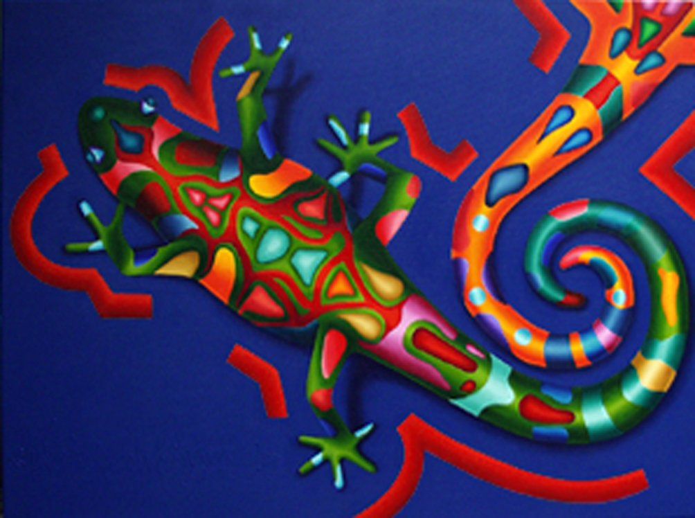 Ein grüner Salamander mit bunten Flecken auf blauem Hintergrund, Sein Schwans ist um den orangenen Schwanz eines anderen Salamanders gekringelt. Farbenfrohes Bild der Künstlerin Benita von Wendt. Gemalt mit Acrylfarben auf Leinwand.