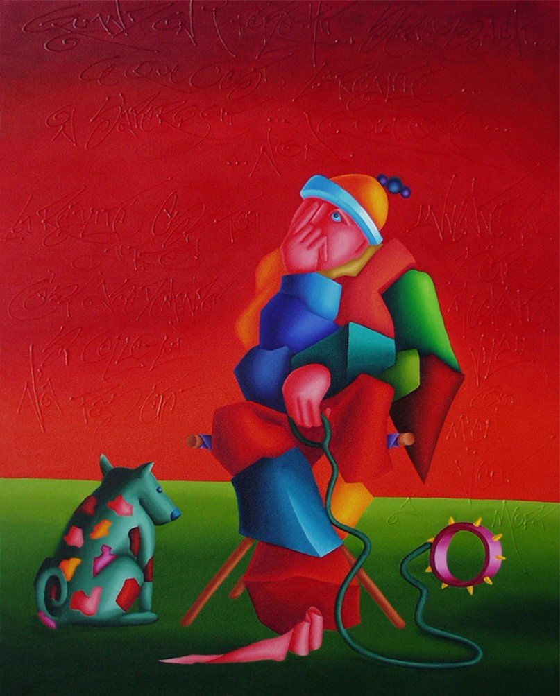 Ein Mann sitzt auf einem Stuhl, links neben ihm ein Hund, rechts ein Halsband ohne Hund. Abstrahiertes farbenfrohes Bild der Künstlerin Benita von Wendt. Gemalt mit Acrylfarben auf Leinwand.