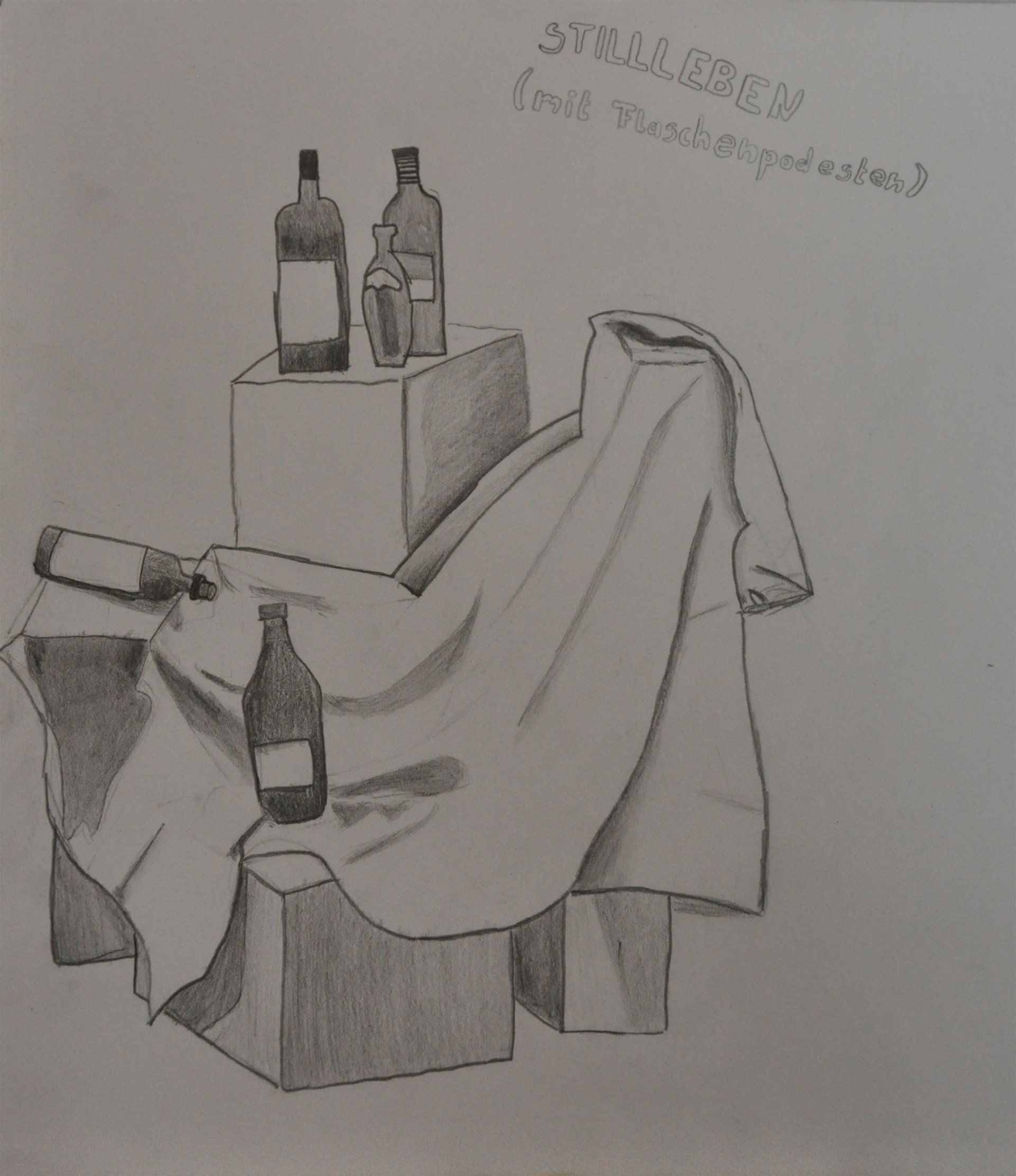 Das Foto zeigt ein Stillleben, das in den Seminaren von Benita von Wendt mit Bleistift auf Papier gezeichnet wurde.