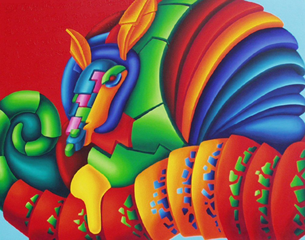 Ein buntes Gürteltier vor rotem Hintergrund. Farbenfrohes Bild der Künstlerin Benita von Wendt. Gemalt mit Acryfarben auf Leinwand.