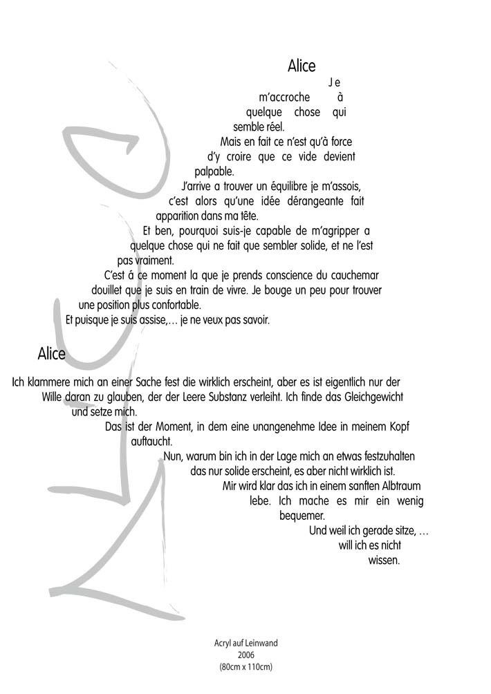 Text mit speziellem Layout und Kalligrafie zu Alice, einer Arbeit der Künstlerin Benita von Wendt.