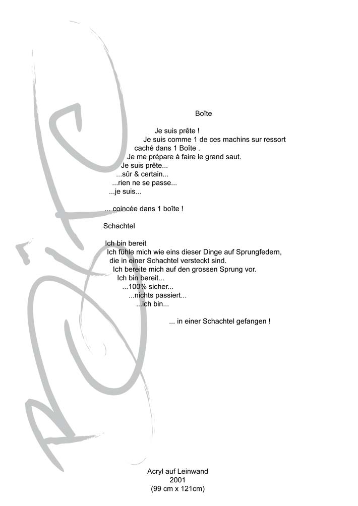 Text mit speziellem Layout und Kalligrafie zu Boîte / Schachtel, einer Arbeit der Künstlerin Benita von Wendt.