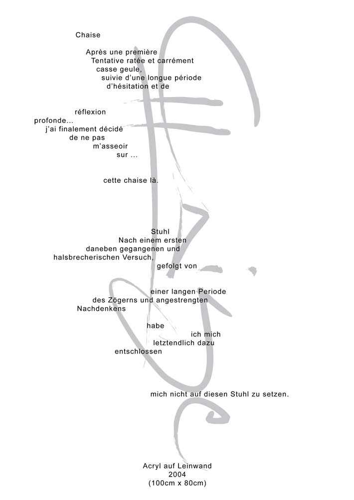 Text mit speziellem Layout und Kalligrafie zu Chaise / Stuhl, einer Arbeit der Künstlerin Benita von Wendt.