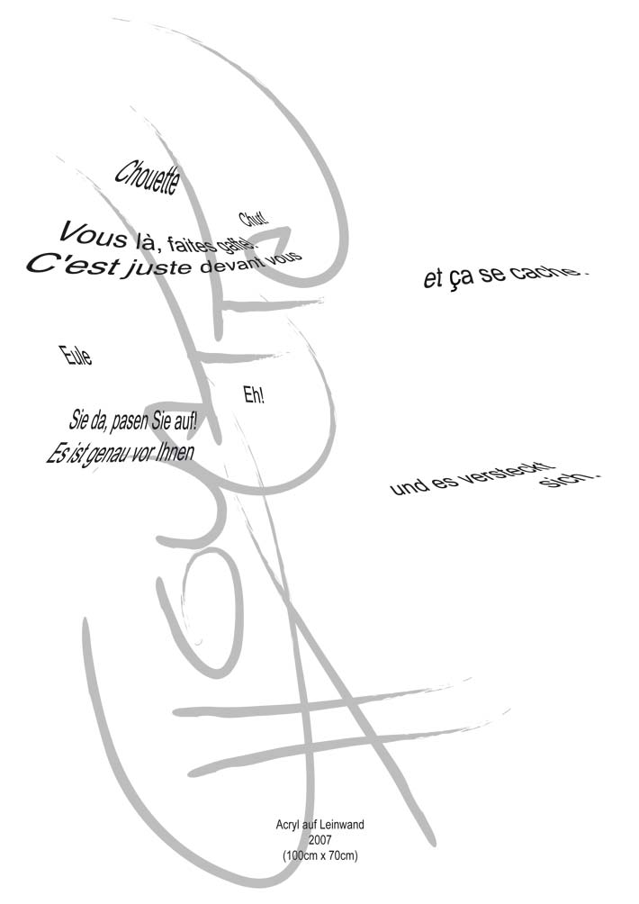 Text mit speziellem Layout und Kalligrafie zu Chouette / Eule, einer Arbeit der Künstlerin Benita von Wendt.