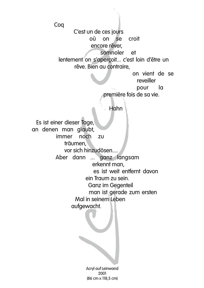 Text mit speziellem Layout und Kalligrafie zu Coq / Hahn, einer Arbeit der Künstlerin Benita von Wendt.