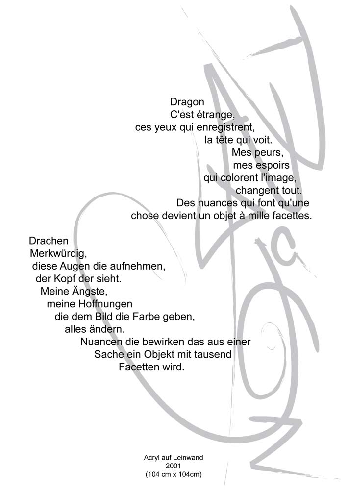 Text mit speziellem Layout und Kalligrafie zu Dragon / Drachen, einer Arbeit der Künstlerin Benita von Wendt.