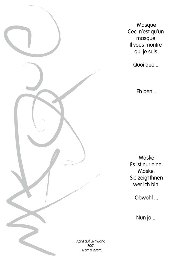 Text mit speziellem Layout und Kalligrafie zu Masque / Maske, einer Arbeit der Künstlerin Benita von Wendt.