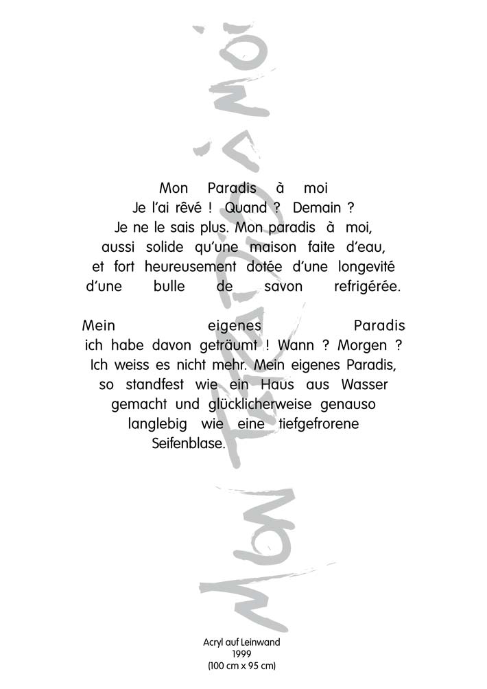 Text mit speziellem Layout und Kalligrafie zu Mon paradis à moi / Mein eigenes Paradies, einer Arbeit der Künstlerin Benita von Wendt.