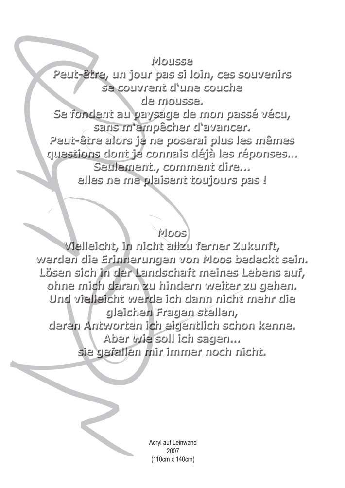 Text mit speziellem Layout und Kalligrafie zu Mousse / Moos, einer Arbeit der Künstlerin Benita von Wendt.