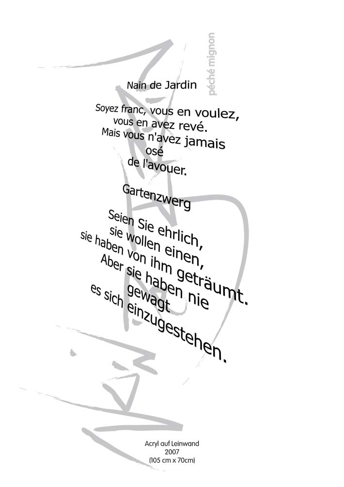 Text mit speziellem Layout und Kalligrafie zu Nain de Jardin / Gartenzwerg, einer Arbeit der Künstlerin Benita von Wendt.