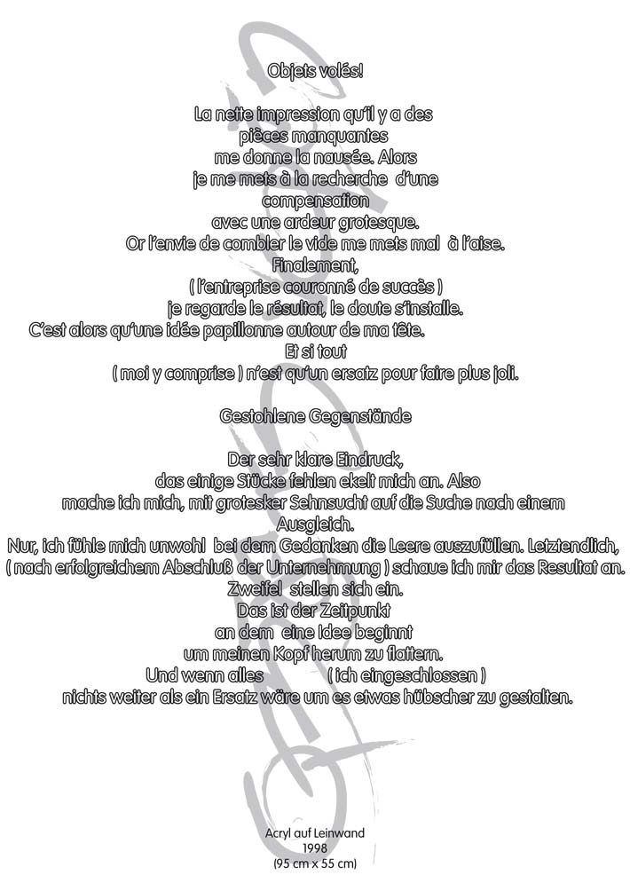 Text mit speziellem Layout und Kalligrafie zu Objets volés / Gestohlene Gegenstände, einer Arbeit der Künstlerin Benita von Wendt.