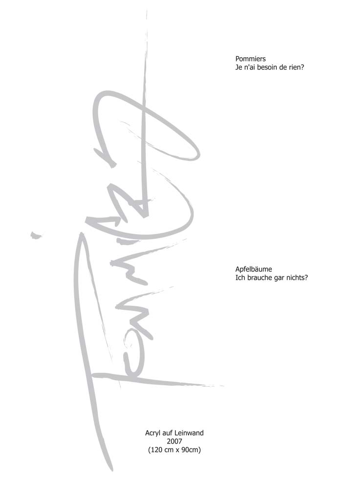 Text mit speziellem Layout und Kalligrafie zu Pommiers / Apfelbäume, einer Arbeit der Künstlerin Benita von Wendt.