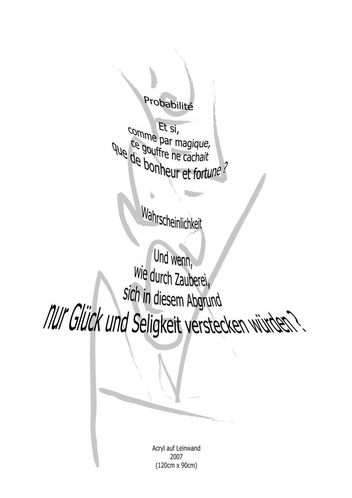 Text mit speziellem Layout und Kalligrafie zu Probabilités / Wahrscheinlichkeiten, einer Arbeit der Künstlerin Benita von Wendt.