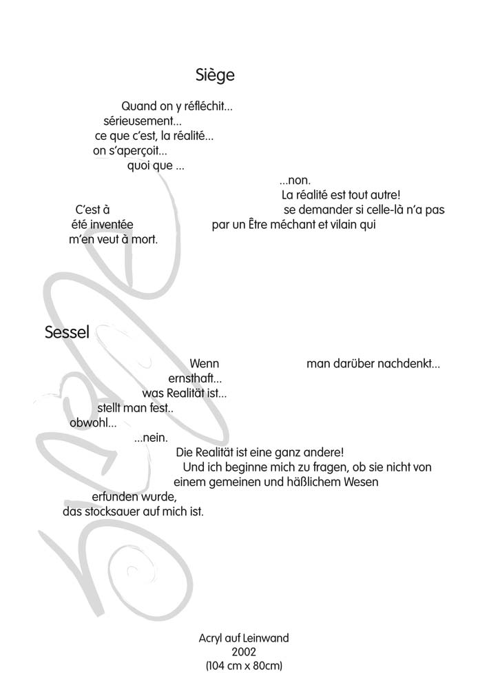Text mit speziellem Layout und Kalligrafie zu Siège / Sitz, einer Arbeit der Künstlerin Benita von Wendt.
