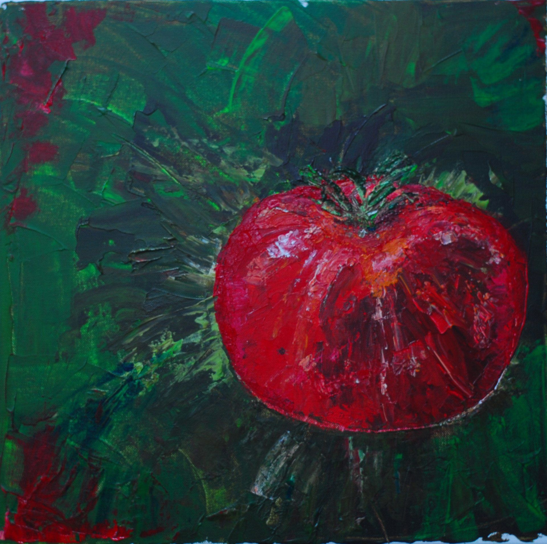 Das Foto zeigt eine Tomate, die in den Seminaren von Benita von Wendt  mit Acryl auf Leinwand gespachtelt wurde.