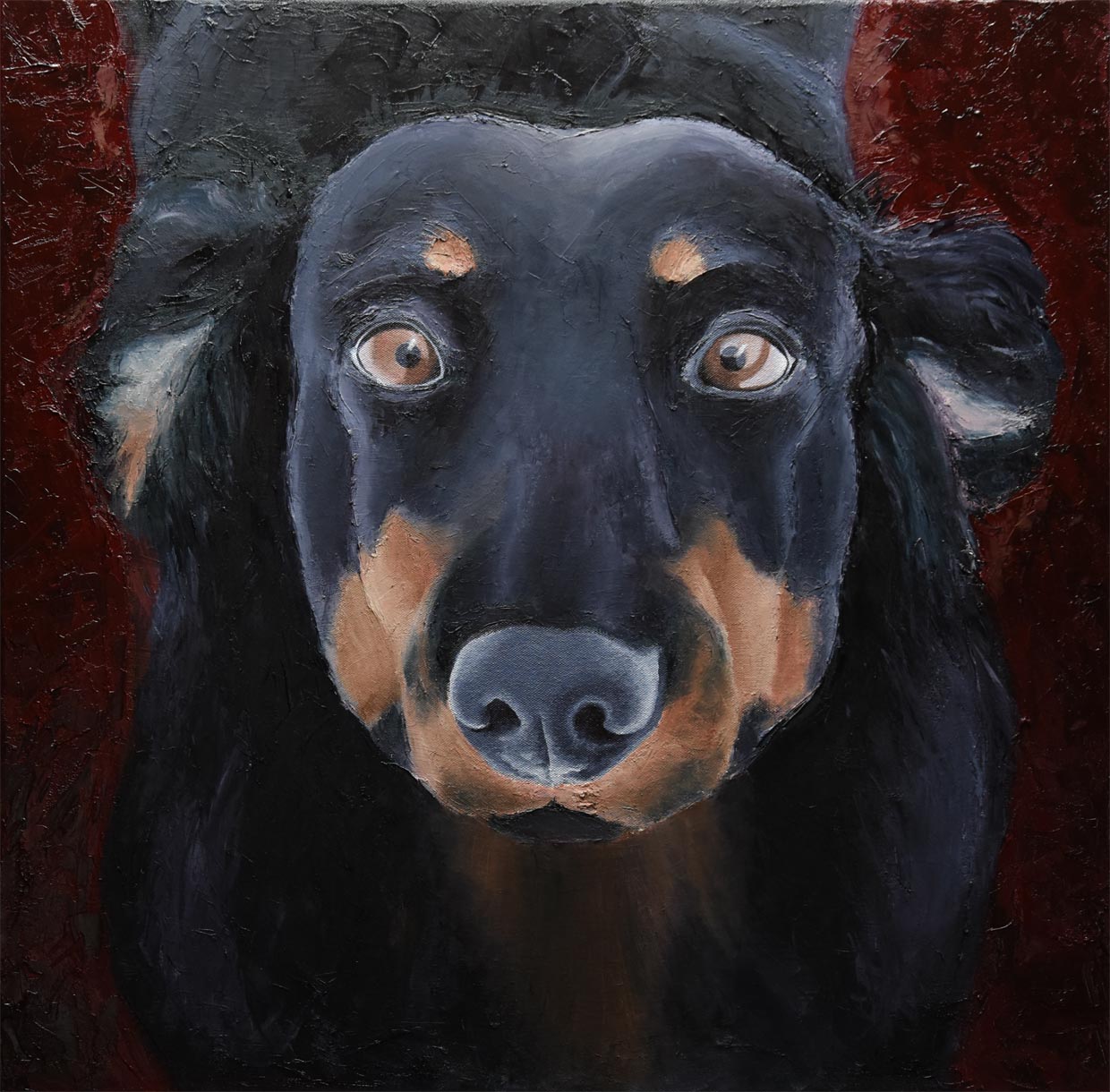 Portrait gemalt von Benita von Wendt, von einem Langhaardackel, Öl- und Avrylfarbe auf Leinwand