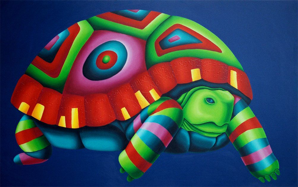Abstrahiertes farbenfrohes Bild auf dem eine bunte Schildkröte zu sehen ist. Ein Gemälde der Künstlerin Benita von Wendt. Gemalt mit Acrylfarben auf Leinwand.