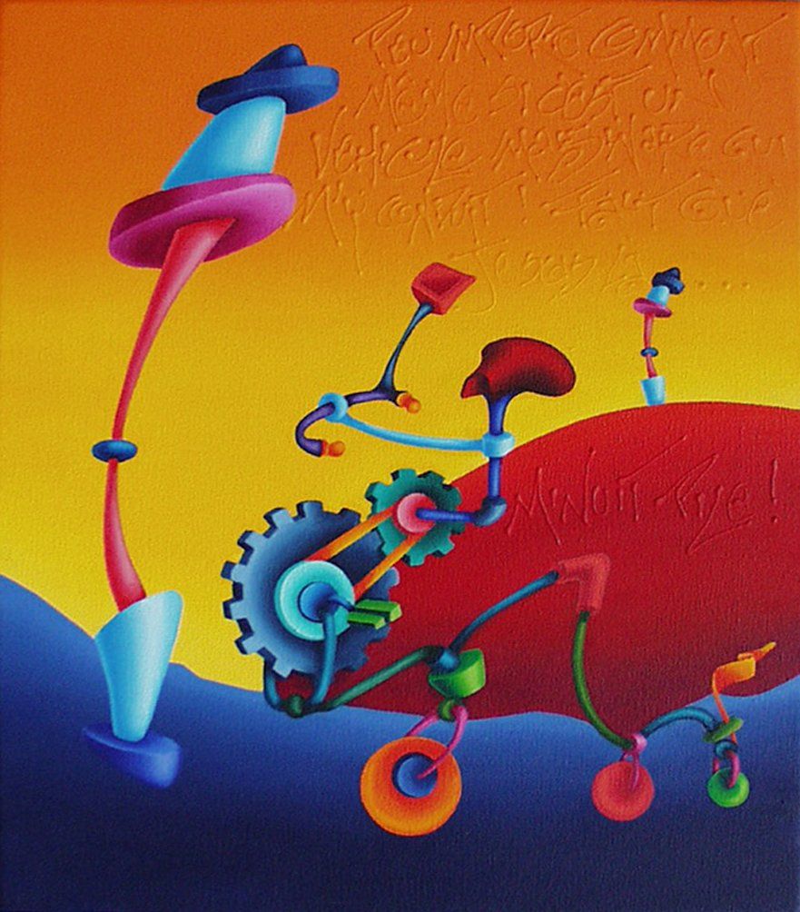 Abstrahiertes keinformatiges Bild, gelb rot blauer Hintergrund, ein fragiles dreidimensional wirkendes Gebilde im Vordergrund das an ein Dreirad erinnert und vor einer abstrahierten Laterne steht, gemalt mit Acrylfarbe auf Leinwand. Gemälde der Künstlerin Benita von Wendt.