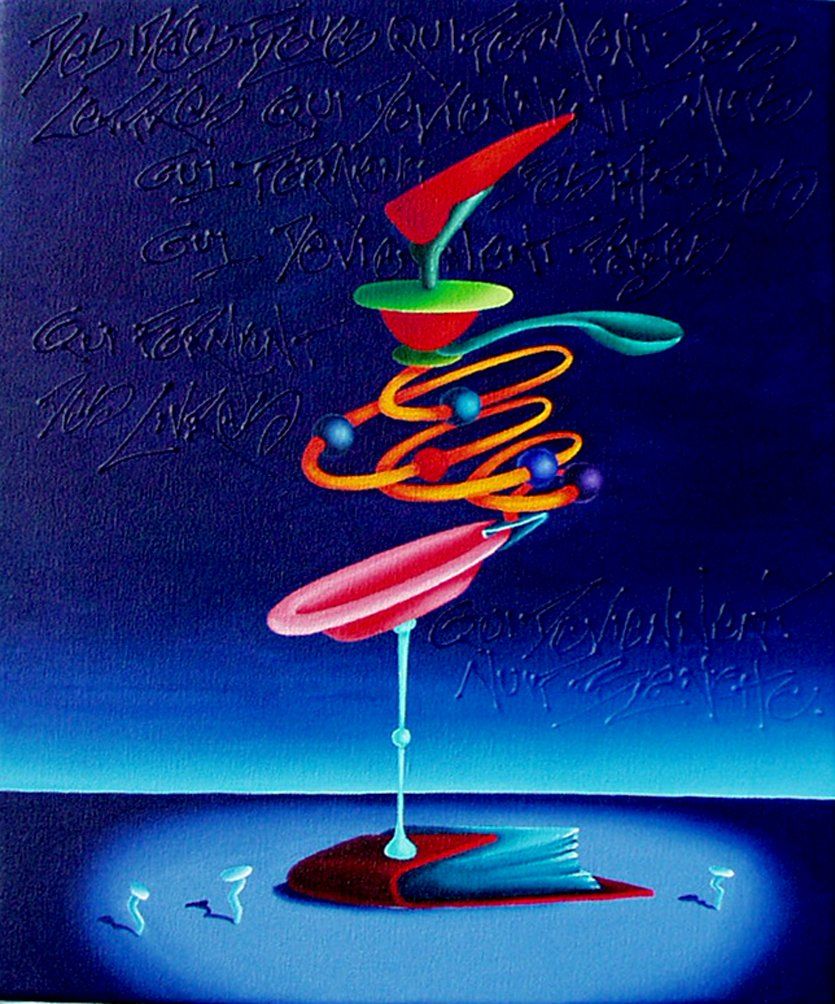 Abstrahiertes kleinformatiges Bild, blauer Hintergrund, ein fragiles dreidimensional wirkendes Gebilde im Vordergrund das an einen Trichter erinnert, der mit einem Schlauch an einen Teller auf einer Stelze angeschlossen ist, gemalt mit Acrylfarbe auf Leinwand. Gemälde der Künstlerin Benita von Wendt.