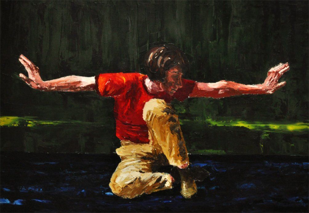 Eine Arbeit der Künstlerin Benita von Wendt. Gemalt mit Öl und Spachtel auf Leinwand. Titel: Vacarme. Portrait einer Frau die auf dem Boden sitzt und die Arme seitlich ausgestreckt hält und nach rechts schaut.