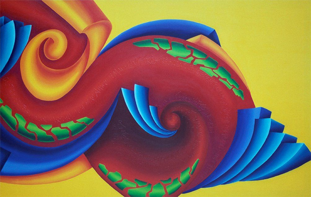 Abstrahiertes farbenfrohes Bild auf dem eine bunte wellenförmige Form zu sehen ist. Ein Gemälde der Künstlerin Benita von Wendt. Gemalt mit Acrylfarben auf Leinwand.