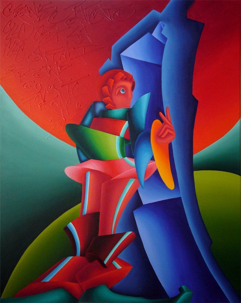 Eine Frau steht in einer Tür die in einer Landschaft steht. Abstrahiertes farbenfrohes Bild der Künstlerin Benita von Wendt. Gemalt mit Acrylfarben auf Leinwand.