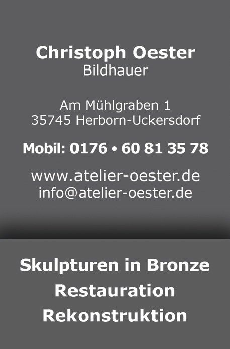 Das Bild zeigt die  Rückseite der Visitenkarte des Bildhauerartelier Christoph Oester