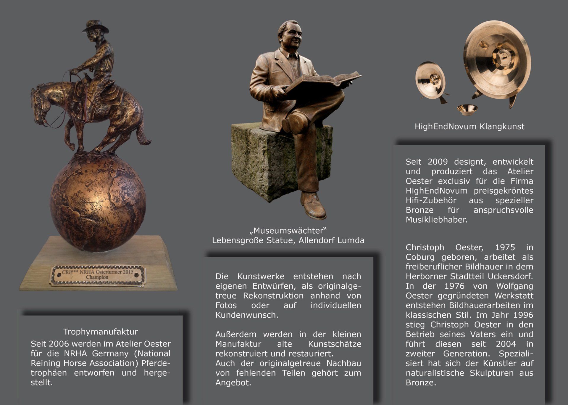 Das Bild zeigt die Innenseite ganz aufgeschlagen des Folders des Bilhauerateliers Christoph Oester.