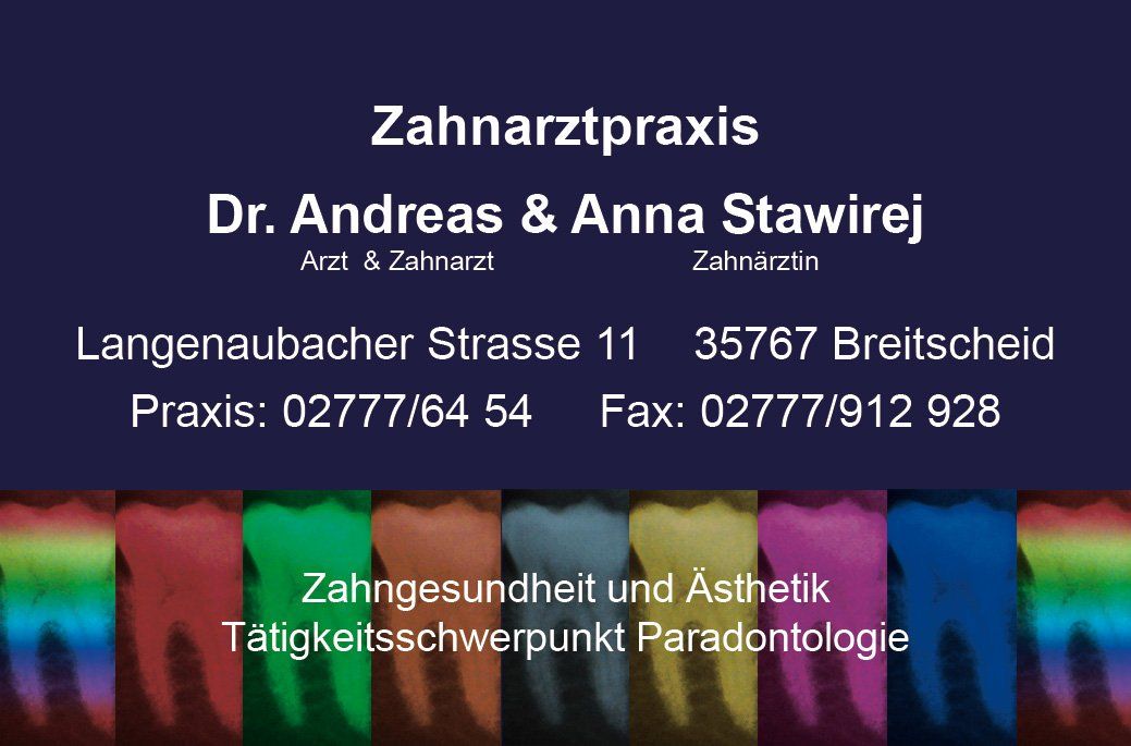 Das Bild zeigt die Visitenkarte der Zahnarztpraxis Stawirej.