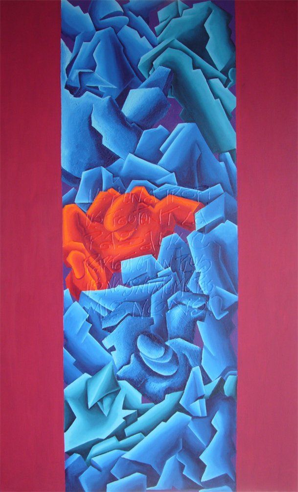 1 abstrahierter roter Mensch in einer Masse von abstrahierten blauen Menschen. Abstrahiertes farbenfrohes Bild der Künstlerin Benita von Wendt. Gemalt mit Acryfarbe auf Leinwand.