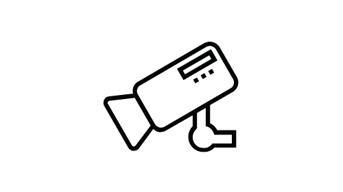 A black and white icon of a security camera on a white background.