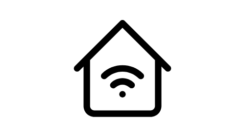 A black and white icon of a house with a wireless signal inside of it.