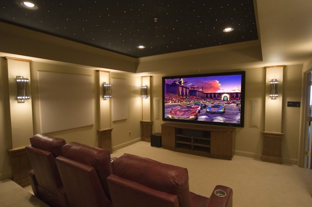 A home theater with a large flat screen tv