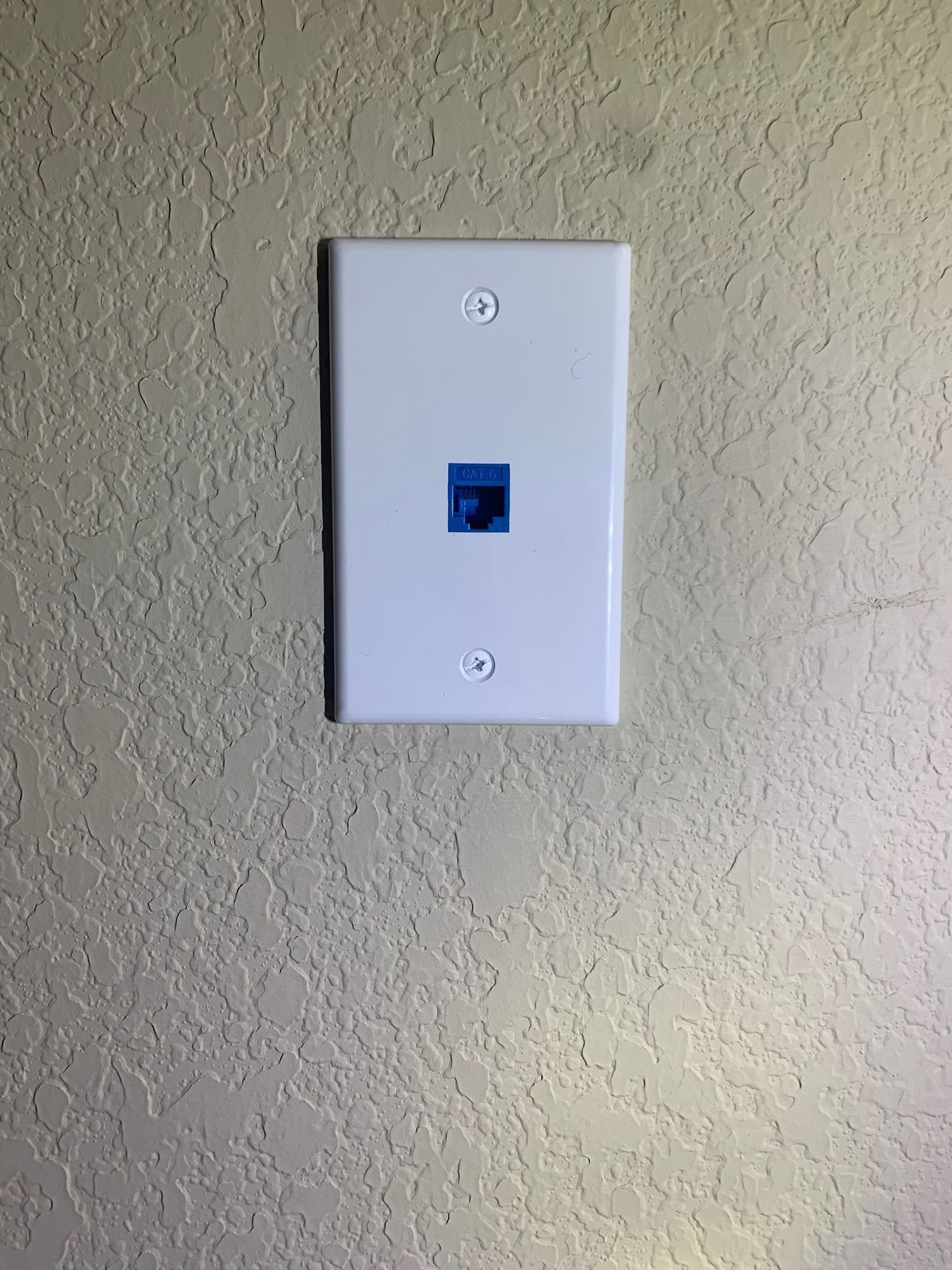 A white wall plate with a blue ethernet port on it.