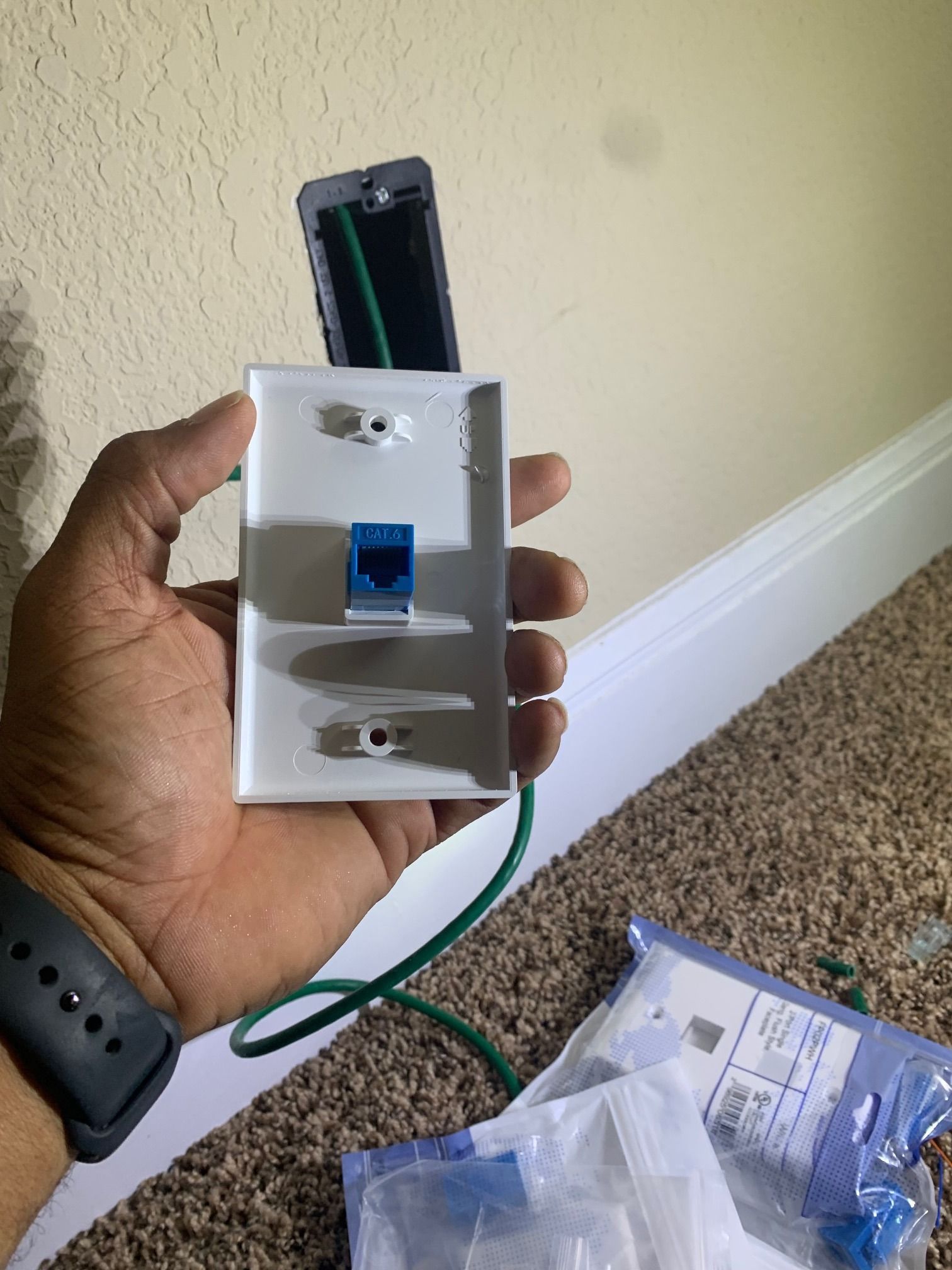 A person is holding a telephone jack in their hand.