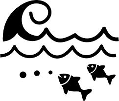 A black and white drawing of three fish swimming in the ocean.