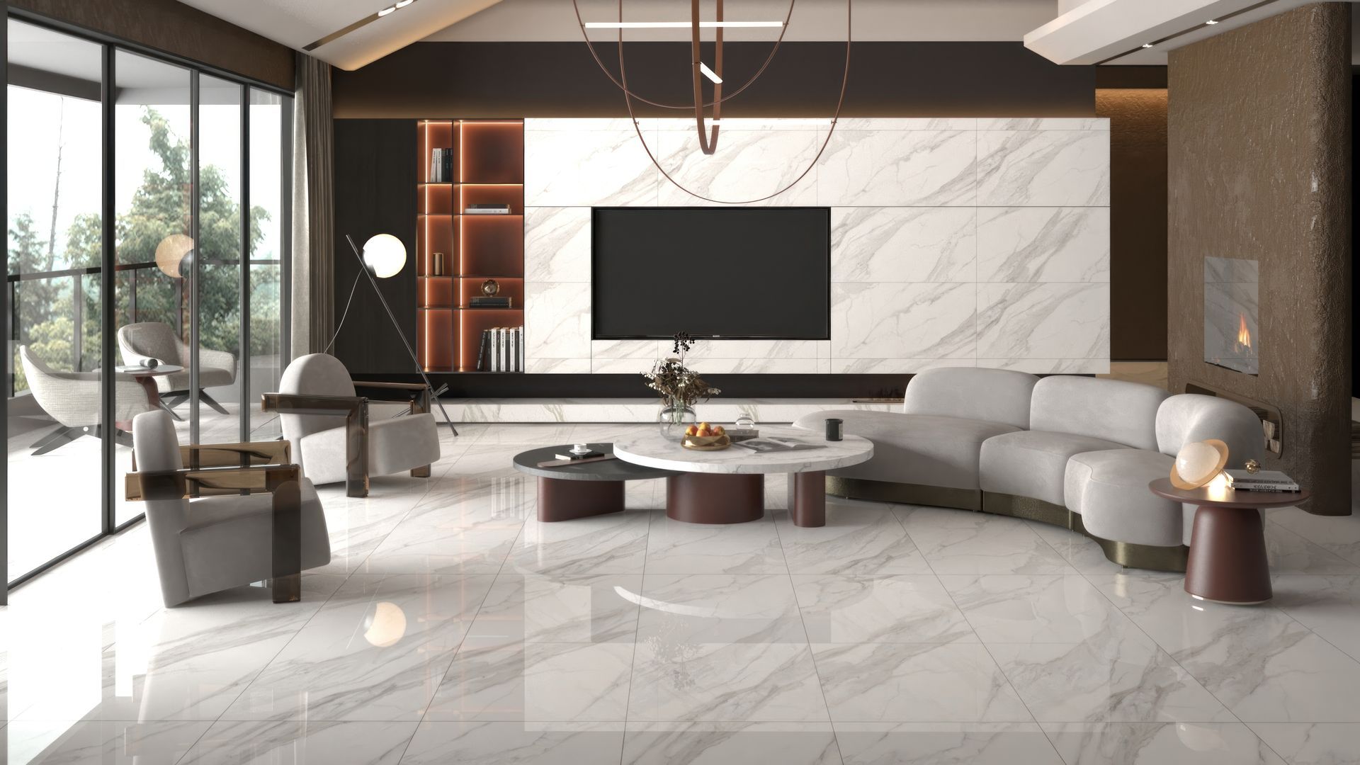 Luxurious living room with white marble floors, sofa, armchairs, and large TV on a marble wall.