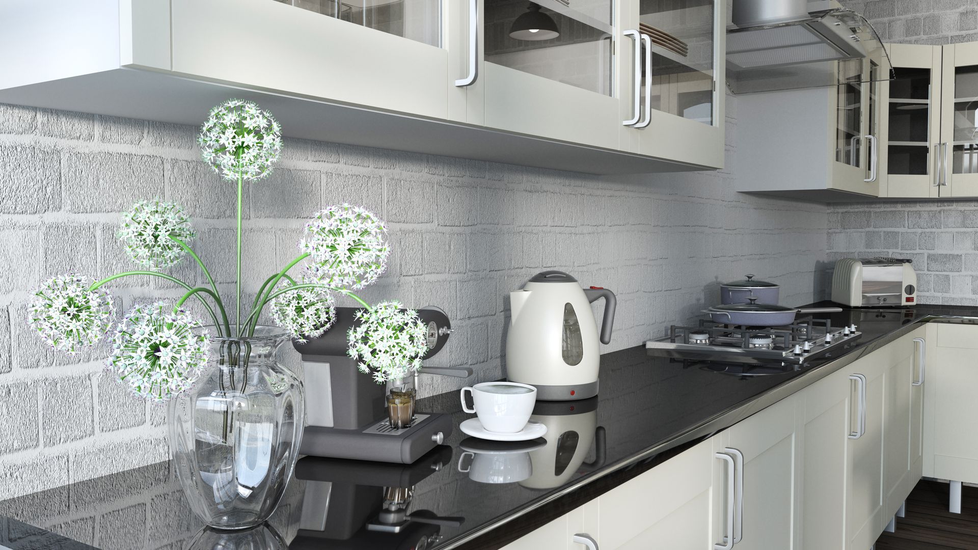 There is a vase of flowers on the counter in the kitchen.