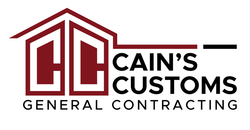 The logo for Cain's Customs General Contracting is red and black.