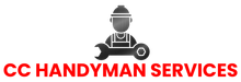 Logo for CC Handyman Services: a worker icon centered on a wrench above red text.