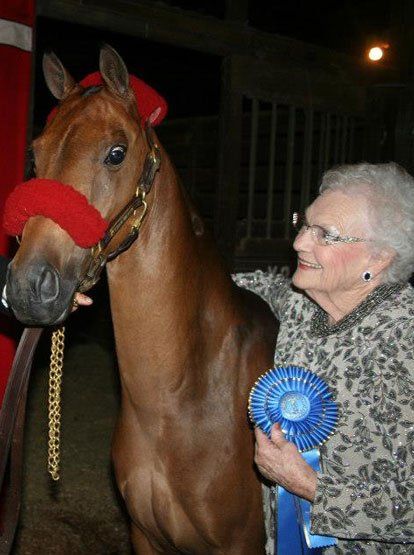 photo of woman with blue ribbon hugging her Hackney Pony at show