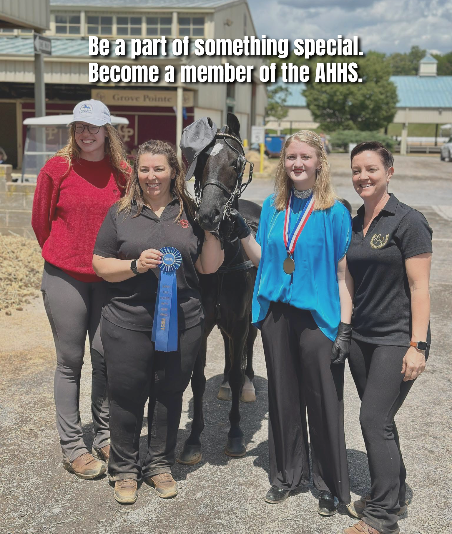 photo of girl on Hackney Roadster under saddle surrounded by instructors, family and friends