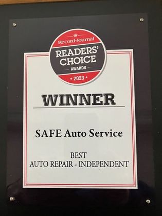 Award plaque: SAFE Auto Service won Record Journal Readers' Choice Award 2023 for Best Auto Repair - Independent.