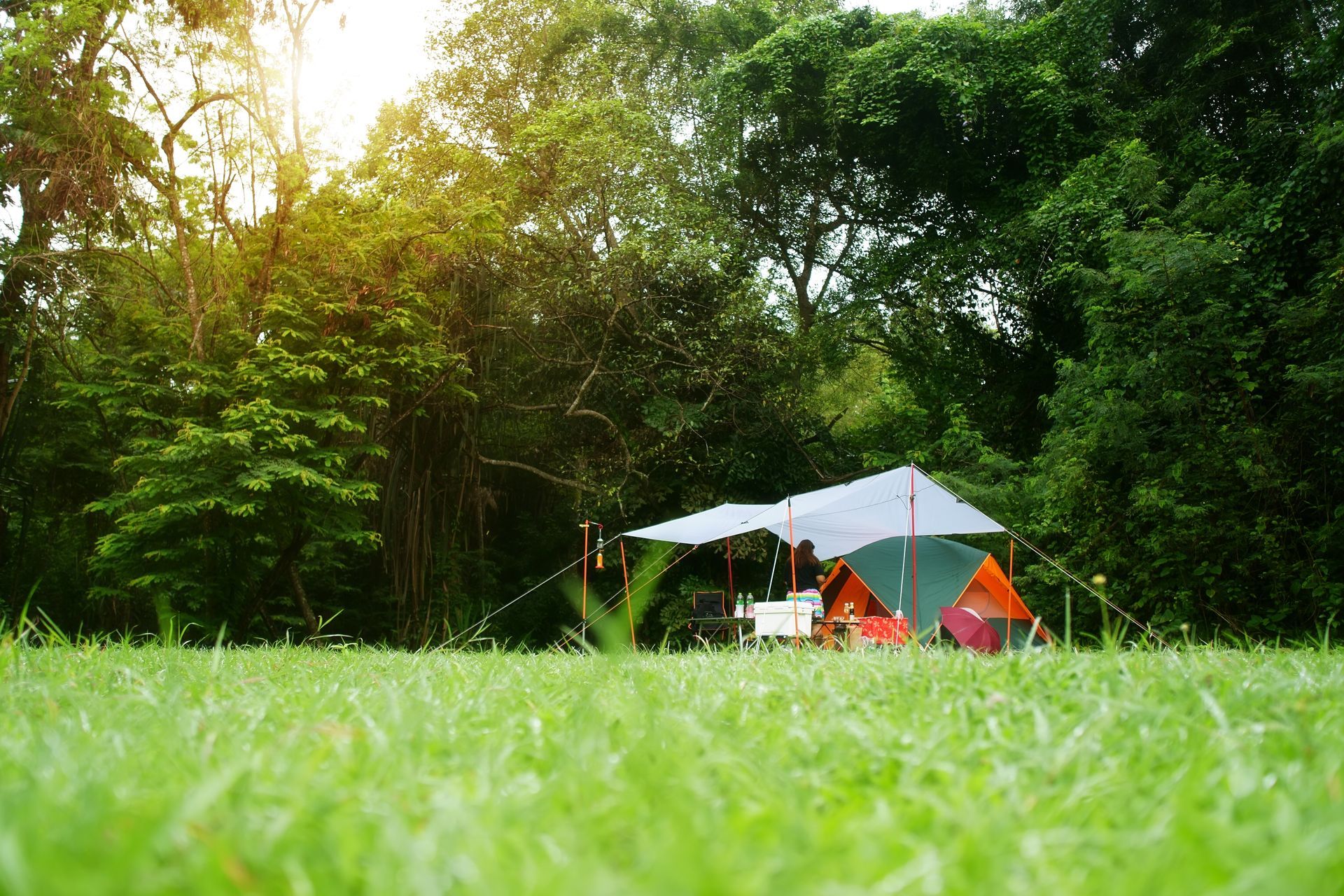 Camping setup in a clearing with a tent, canopy, table, and chairs surrounded by lush green trees.