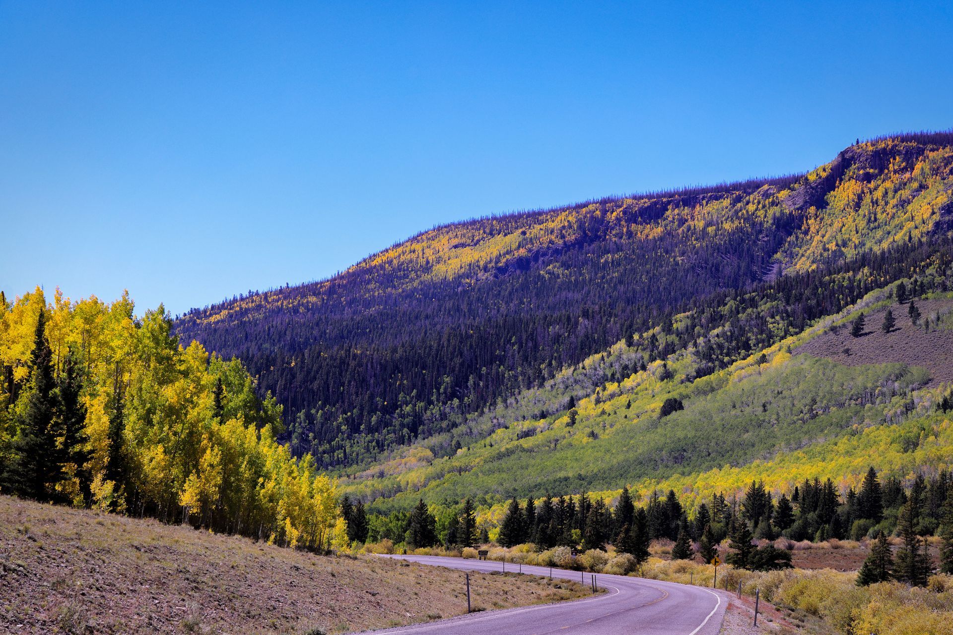 Winding road through a mountain valley in autumn, with colorful yellow and green trees under a clear blue sky.