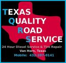 Logo for Texas Quality Road Service in Van Horn, Texas, featuring a red Texas map silhouette and contact info 432-207-0141.