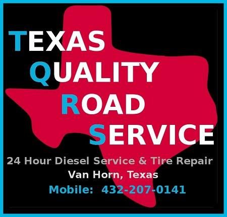 Logo for Texas Quality Road Service in Van Horn, Texas, featuring a red Texas map silhouette and contact info 432-207-0141.