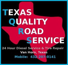 Logo for Texas Quality Road Service in Van Horn, Texas, featuring a red Texas map silhouette and contact info 432-207-0141.