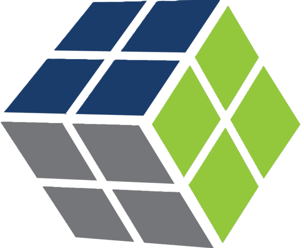 Blue, gray, and green geometric cube-like logo with diamond-shaped panels